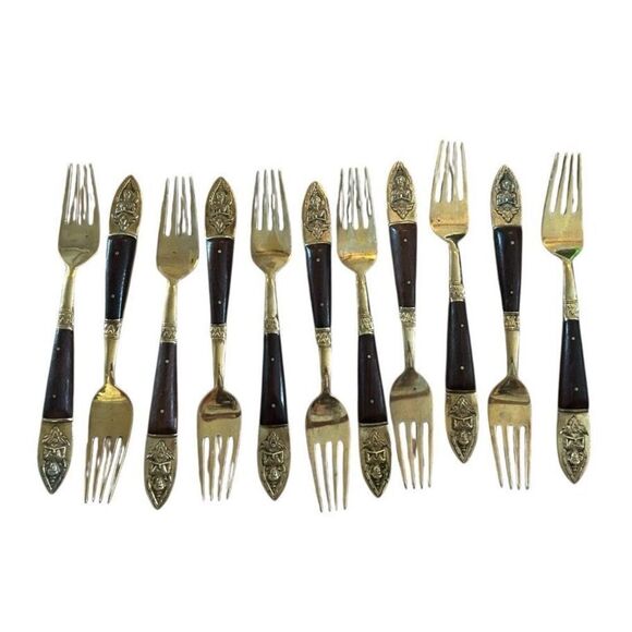 Vintage 11 Set Rosewood Brass Bronze Thailand Flatware 1960’s MCM Dinner Forks - Picture 1 of 2
